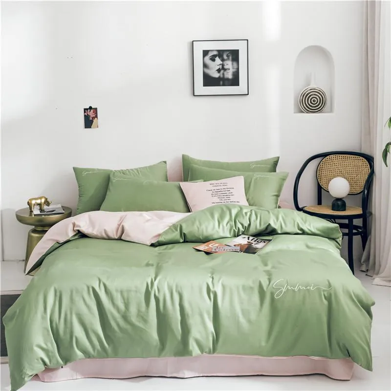 Bedding Sets Green Pink Gray White Yellow Pure Colour 60S Egyptian Cotton Embroidery Set Duvet Cover Bed 4pcs Sheet/Linen Pillowcases