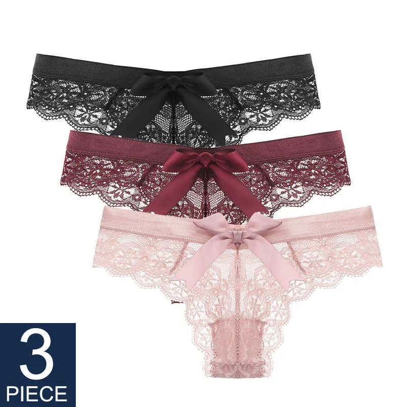 Women Sexy Lace Panties Low-waist Underwear Thong Female 2021 New Temptation G String Breathable T-back Lingerie 3PCS Y0823
