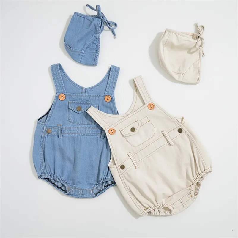 Sommar spädbarn baby denim bodyysuits med hatt barn solid färg casual jumpsuits 0-3 år barn kläder 210708