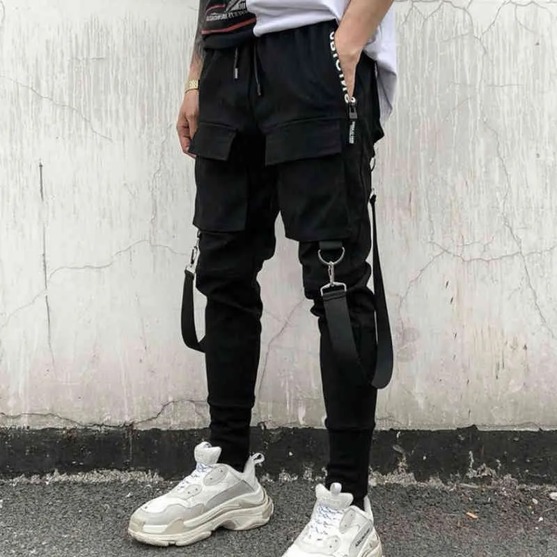 2021 Hiphop Streetwear Jogger Pant Men Black Multi-Pocket Ribbons Byxor Bomull Casual Street Style Sweatpants Män H1223