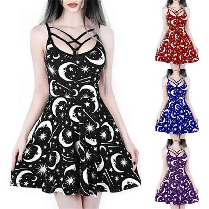 Punk estilo mini vestido para mulheres sexy impressão espaguete espaguete uma linha vestidos rocha e rolo casual gótico vestido verão 210331