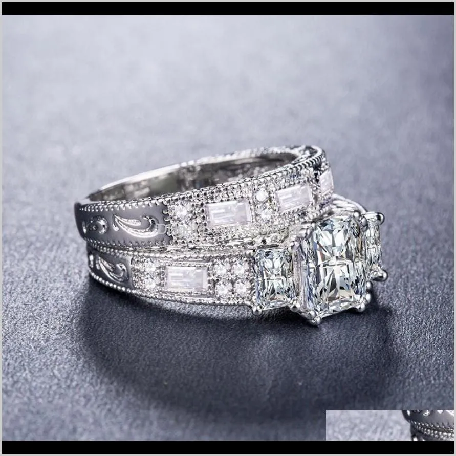 new arrival high quality vintage jewelry 925 sterling silver filled three stone princess cut white topaz sona women wedding bridal ring