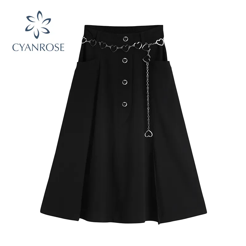 Casual High Waist Kvinnor Skirts Slim Elegant Koreansk stil A-Line Black Lolita Dekorerad Midi Mode Vintage Harajuku Lång kjol 210417