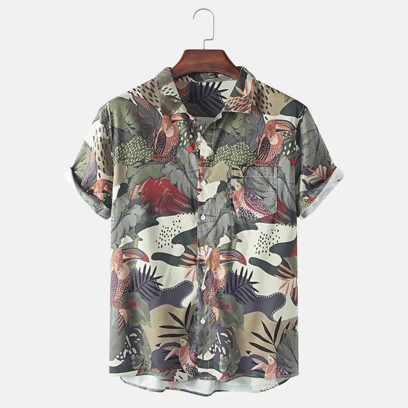 Camisas casuales para hombres Impresión de hombres camisa hawaiana verano tropical de manga corta vacaciones 2021 botón de solapa Playa masculina Streetwear Camisas