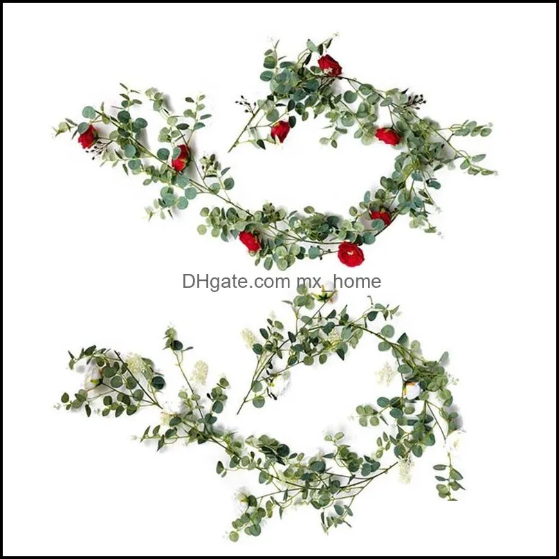 Hot Artificial Eucalyptus Garland with Little Camellia Faux Vines Ivy for Wedding Backdrop Arch Wall Decor