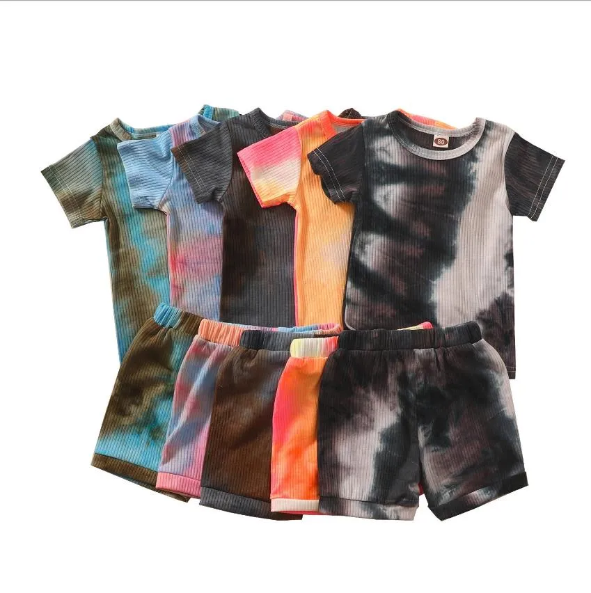 Baby Clothings Sets Pit Strip Tie-Dye Suit Stripe Kortärmad Sweatshirt + Breeches 2pcs / Set Boy Girl Kids Bomull Passar ZYY1004