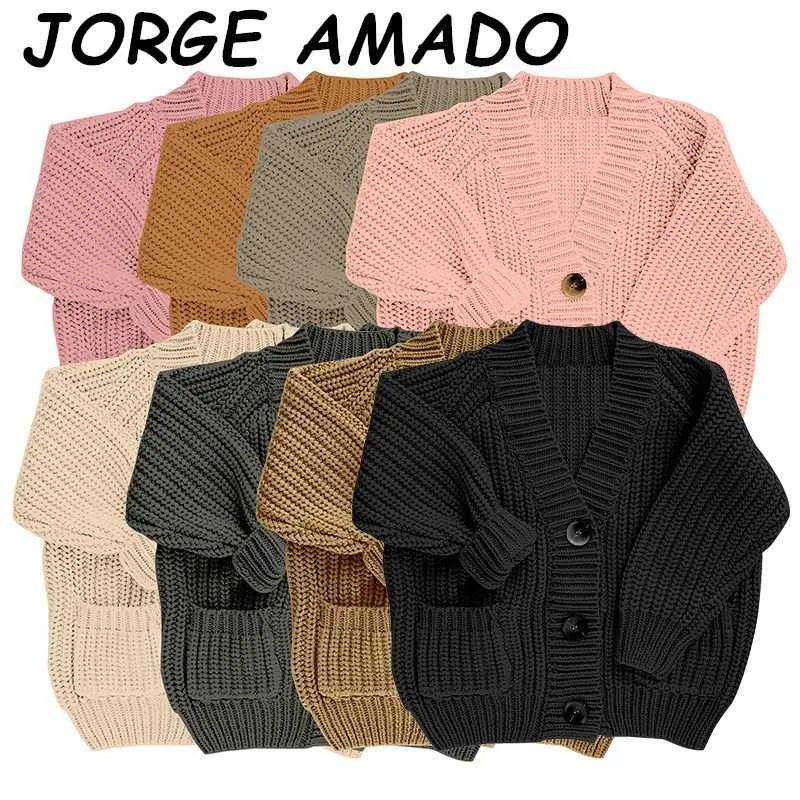 Девушки кардиган свитер вязание шерсти мода чистый цвет V-образным вырезом детей пальто одежда E20059 210610