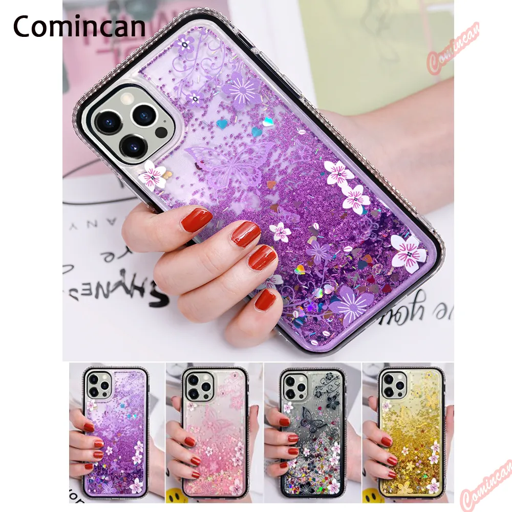 Comincan Quicksand Glitter Fodral för iPhone 13 12 11 Pro Max Dynamic Flytande Skyddande Telefon TPU Designer Mobiltelefon Tillbaka Skydd