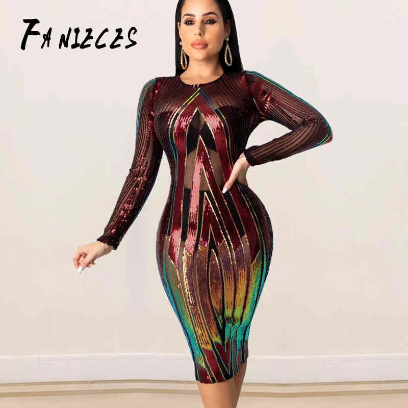 Women Fall Winter ins fashion Long Sleeve O Neck Bodycon Sequined Sexy Night Club Party Bandage Midi Dresses Vestidos dropship 210520