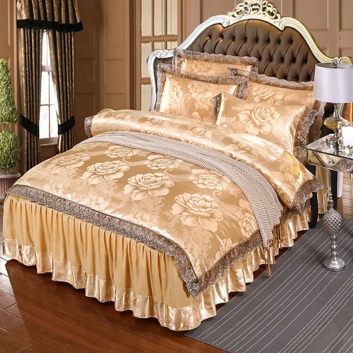 Luxe jacquard satijnen beddengoed set king queen size 4pcs bed lage linnen zijde/katoenen kanten geborduurde dekbedovertrek op sprei laakkussencases Europe Thuis textiel