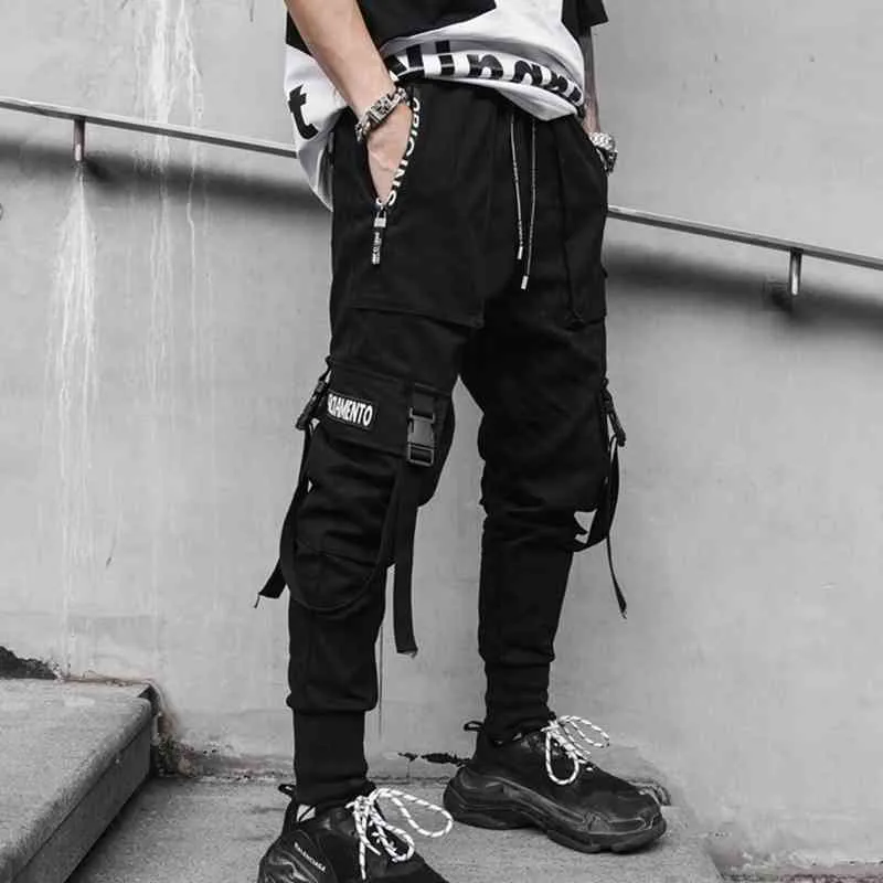 Nouveau Hip-Hop Jogger Hommes Noir Harem Salopette Ruban Multi-Poche Pantalon De Sport Pour Homme Streetwear Casual Pantalon Décontracté Pour Homme 210406