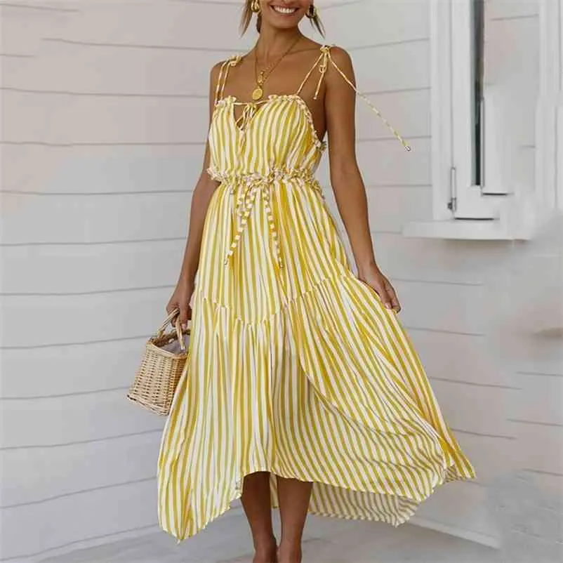 Foridol 스트라이프 레이스 최대 노란색 맥시 롱 드레스 여성 프리 캐주얼 해변 휴일 Sundress 섹시한 백리스 불규칙한 드레스 Vestidos 210415