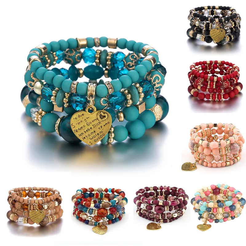 4 stks / set Liefde Hart Legering Hanger Beaded Strands Armbanden Dames Lava Stone Boheemse Polsband Bangles voor Party