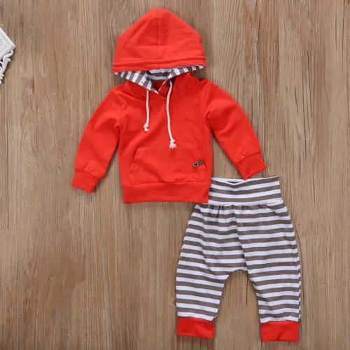 Новорожденный младенческий ребёнок девушка одежда для одежды полосы с капюшоном с капюшоном длинные рукава брюки одежда набор одежды G1023