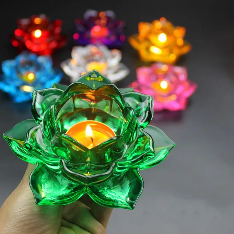 7 Colors Buddhist Butter Oil Lamp Glass Lotus Candle Holders Wedding Party Table Centerpieces Candlestick Glass Candle Stand Tea Light Holder