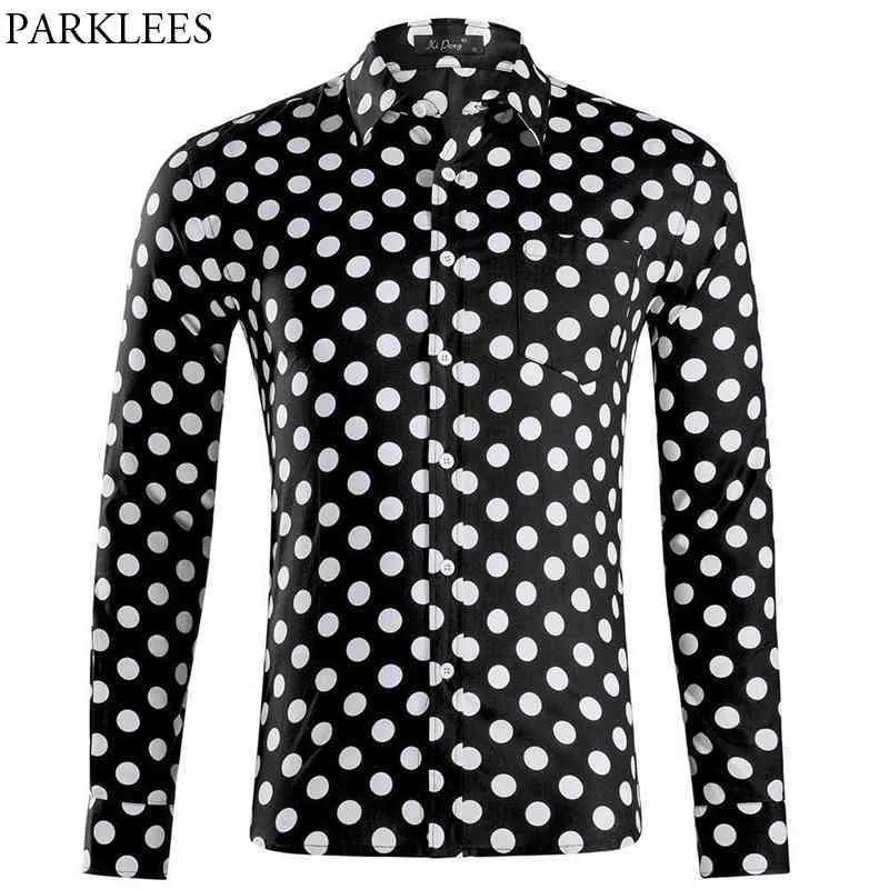 Polka Dot Black Długi rękaw Koszula Mężczyźni Moda Slim Fit Męskie Sukienka Koszulki Przypadkowy Przycisk Down Social Social Camisas 2XL 210522