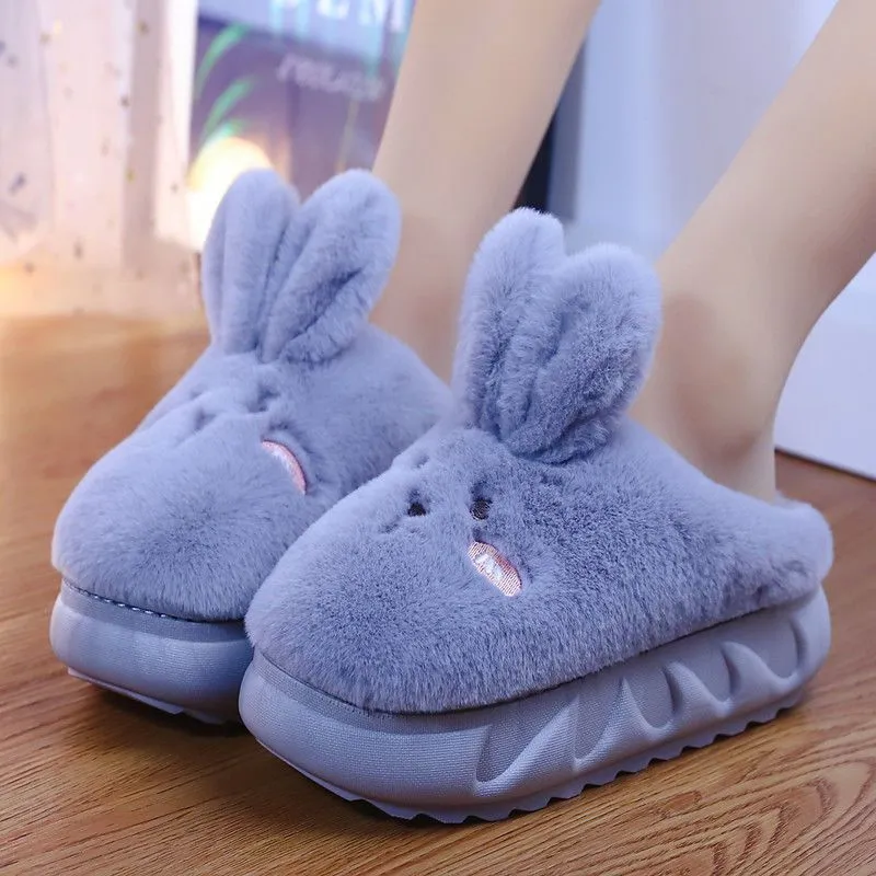 겨울 만화 플러시 슬리퍼 여성 소프트 하단 사랑스러운 빛 따뜻한 실내 생활 토끼 귀면 패딩 신발