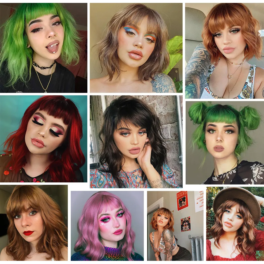 Annivia Short Wavy Wig With Bangs Synthetic Cosplay Lolita Ombre Natural Glueless Pink Brown Green Red Wigs For Womenfactory direct