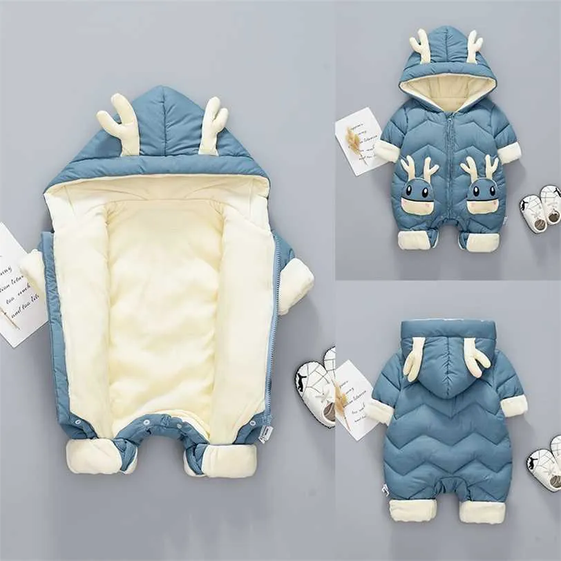 OLEKID Baby Winter Snowsuit Plus Velvet Thick Boys Jumpsuit 0-2 Years born Romper Girls Overalls Toddler Coat 211222