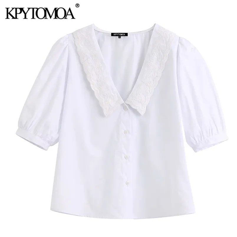 Vrouwen zoete mode borduurwerk witte blouses v-hals bladerdeeg mouw vrouwelijke shirts Blusas chique tops 210420