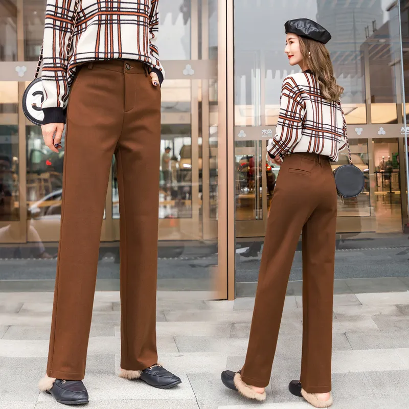 Kobiety Wełna szerokie spodnie nogi jesień zima moda grube ciepłe wełniane spodnie casual harem spodnie biuro dama pantalon 210423