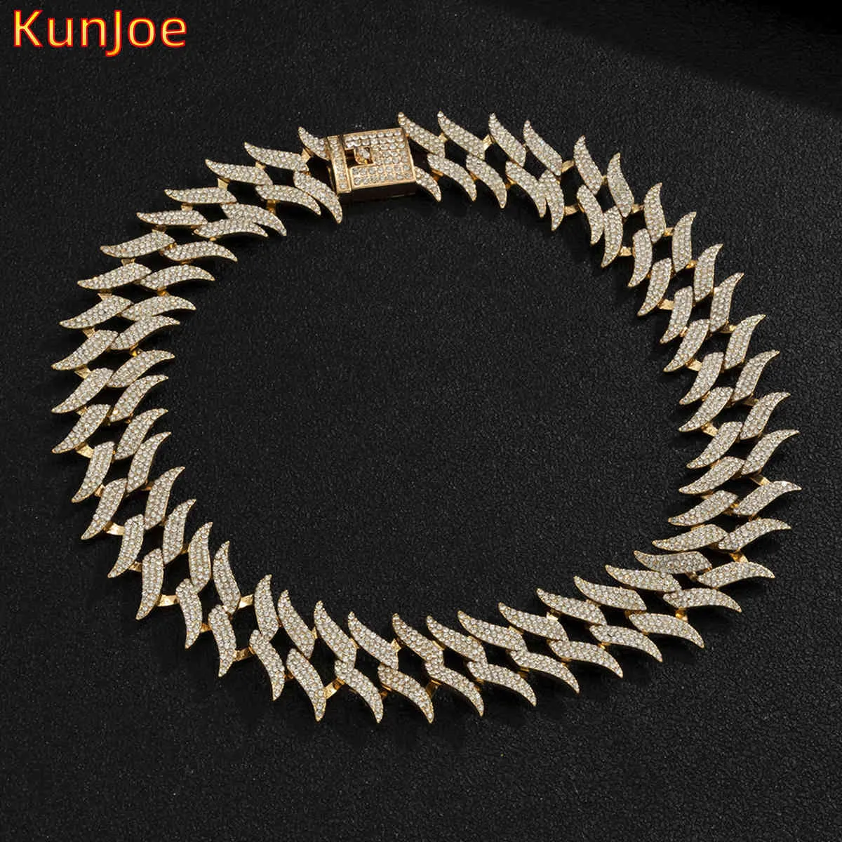 KunJoe Hip Hop 40cm 45cm 50cm Length Gold Color Miami Cuban Chain For Men Women Iced Out Rhinestone Paved Necklace Bling Jewelry