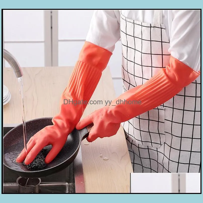 Extended kitchen dishwashing gloves durable rubber household wear resistant thickened waterproof household cleaning clothes Plush