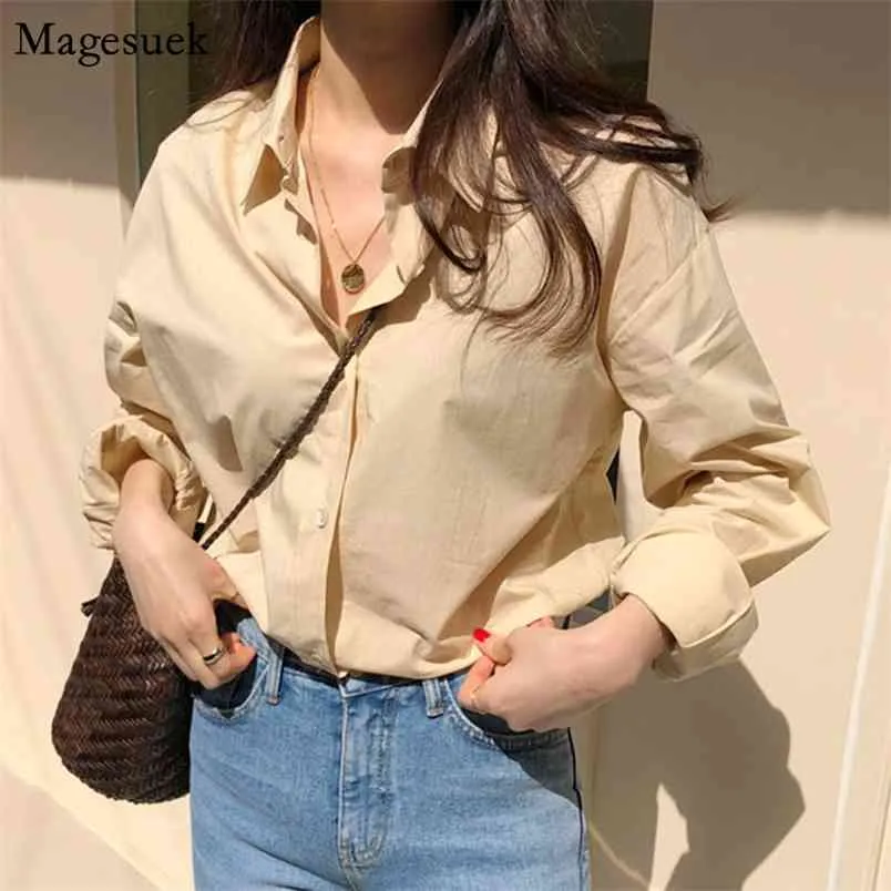 Drehen-unten Kragen Lose Frauen Shirts Blusen Baumwolle Solide Gelb Casual Weibliche Hemd Frühling Sommer Tops Bluse Femme 11297 210512