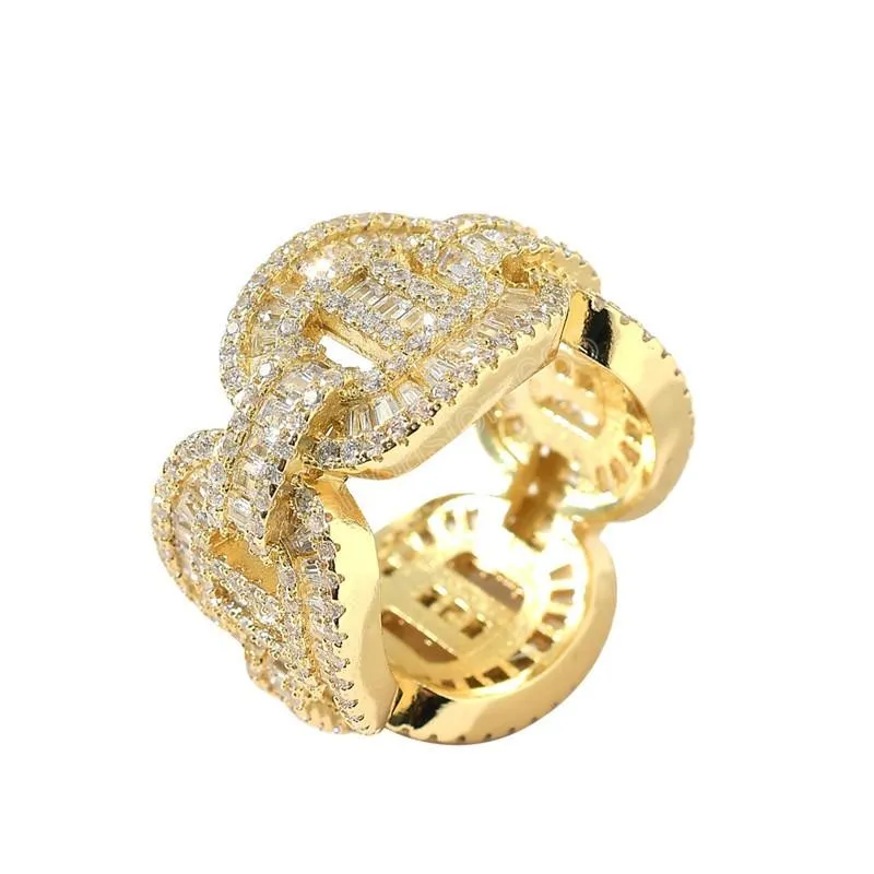 Neuer Ring, kubanischer Kettenring, 18 Karat echte Vergoldung, mikrogepflasterter Zirkon-Hip-Hop-Herrenring
