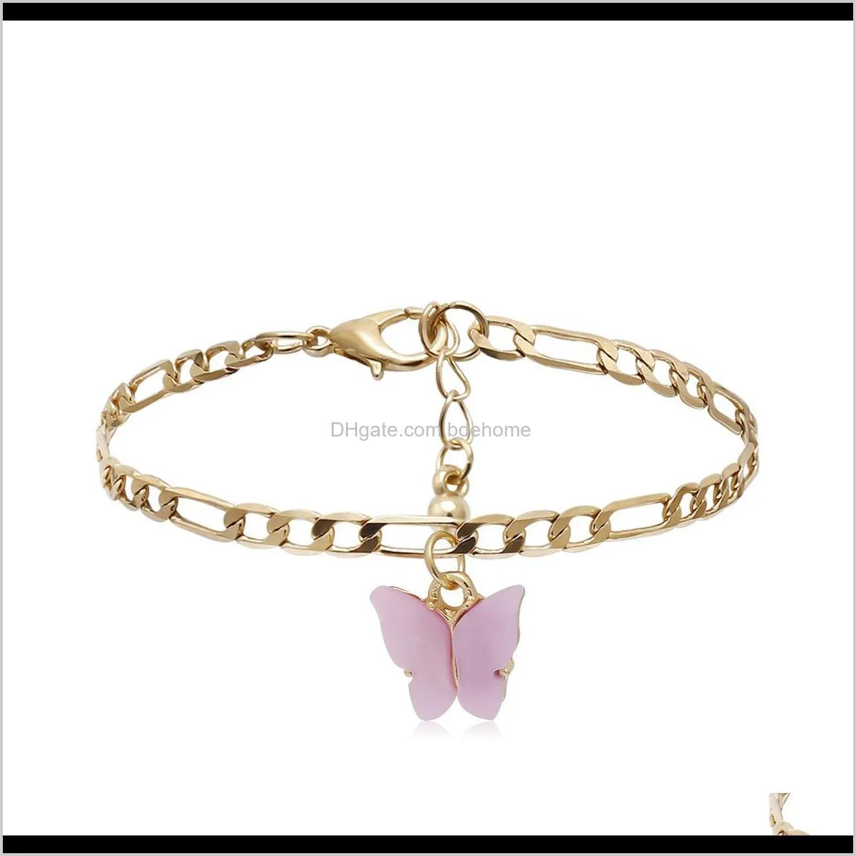 2020 pink butterfly anklet set gold plated jewelry women 2 layer cuban jewelry butterfly pendant with cuban link ankle bracelets