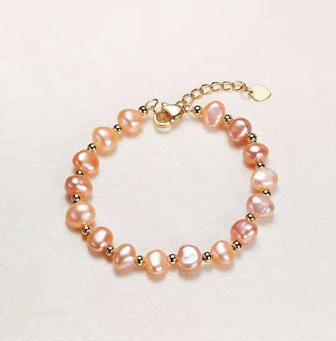 Perle d'eau douce baroque rose naturelle faite à la main, 7-8mm, accessoires dorés, fermoir, chaîne étendue, bracelet long 16 + 4cm