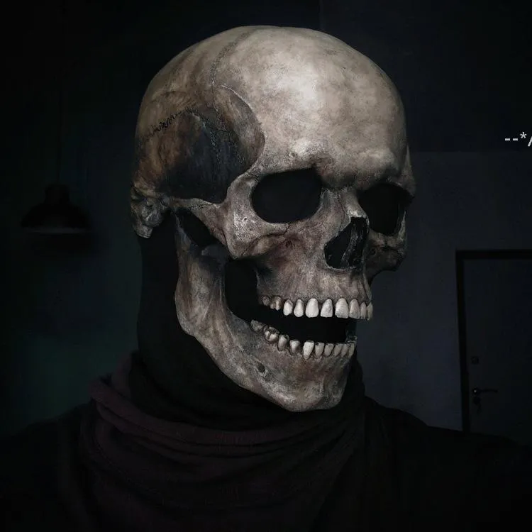 NUOVO Casco maschera teschio a testa intera di Halloween con mascella mobile intero aspetto realistico Maschere di teschi spaventosi in lattice 3D per adulti RRB10602