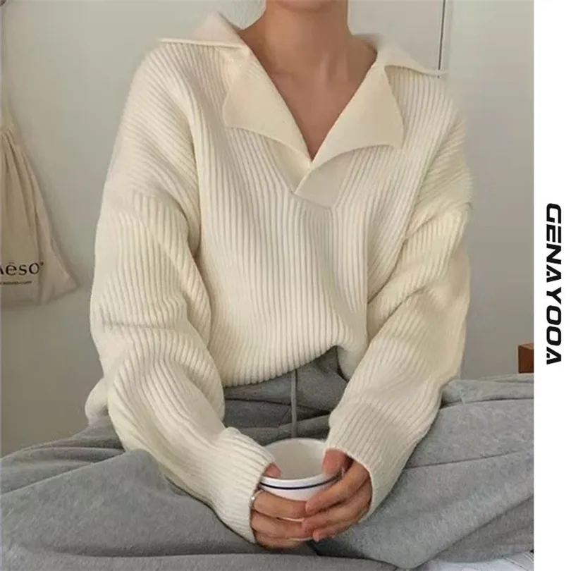 Genayooa Chic Turn-down Collar Sweater Women Solid Casual Knit Pullover Long Sleeve Autumn Winter Fashion Korean Jumper 211018