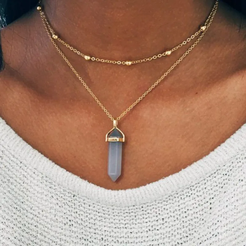 Natuurlijke Stenen Kralen Ketting Vrouwen Kristallen Quartz Chakra Bullet Hexagonal Prism Point Healing Hanger Kettingen Mode Dubbellaags Gouden Link Kettingen Sieraden