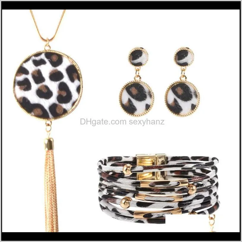 Leopard Jewelry Set For Women Leopard Leather Bracelet Teardrop Drop Dangle Earrings Long Tassel Pendant Necklace1