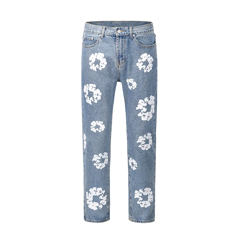 Flower Full Print Jeans Pants Oversized Streetwear Straight Casual Men And Women Denim Trousers 275