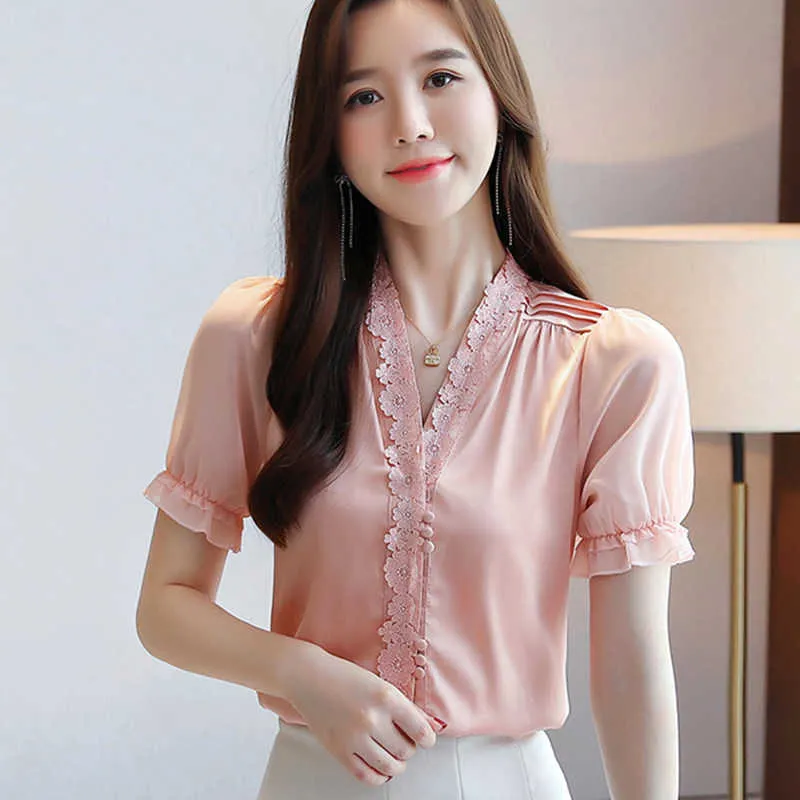 Koreańskie jedwabne kobiety bluzki koszule kobieta v-neck koronki topy satynowa koszula plus rozmiar Blusas femininas Elegante 210531