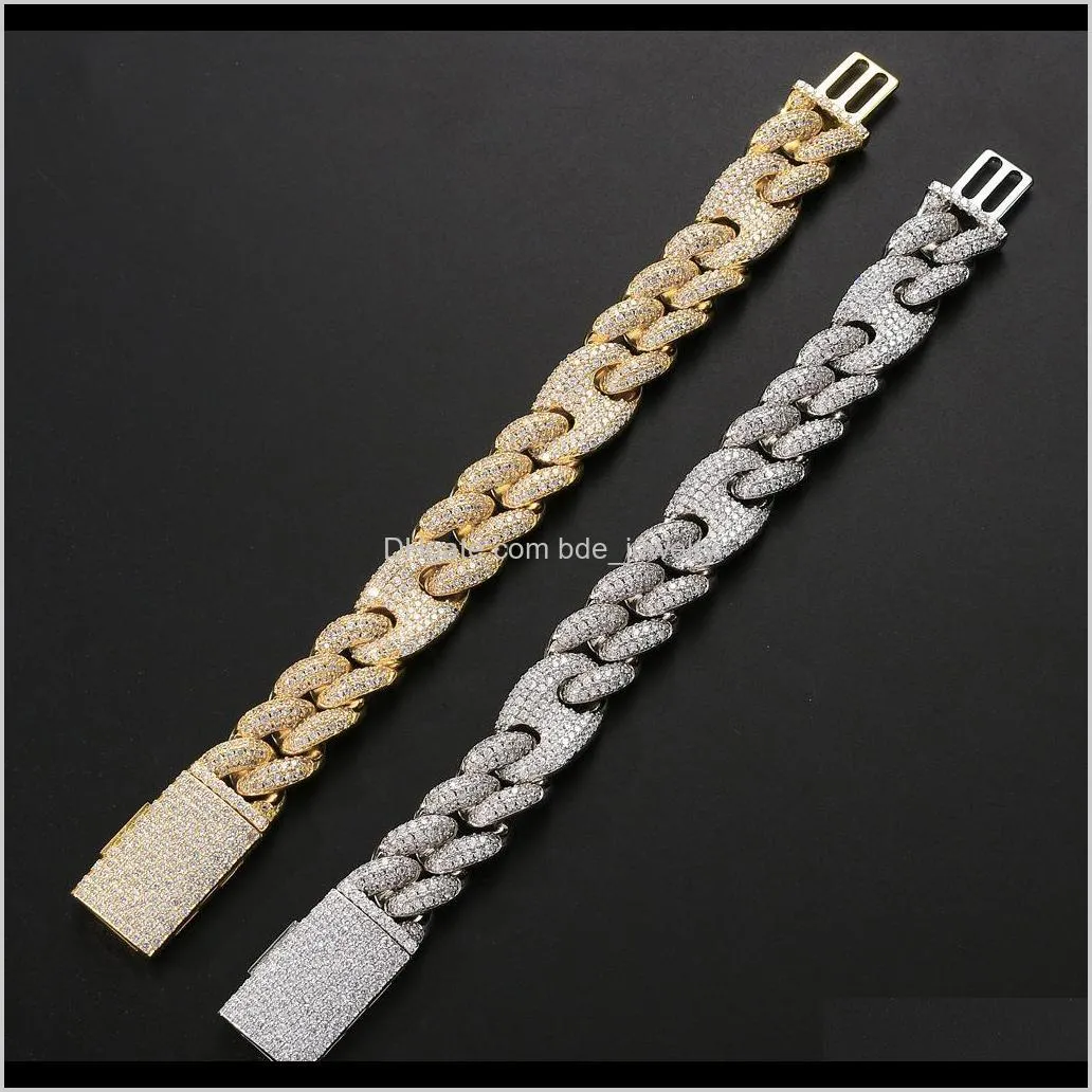 20mm hip hop men`s jewelry  cuban link chain bracelet iced out cubic zircon bling gold coffee bean chain bracelet bangle