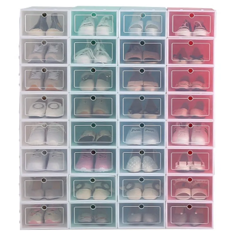 Durchsichtige Schuhaufbewahrungsbox aus Kunststoff, verdickte Flip-Schublade, staubdicht, Sneaker-Organizer, High-Heels-Boxen, Bonbonfarben, stapelbare Schuhbehälter