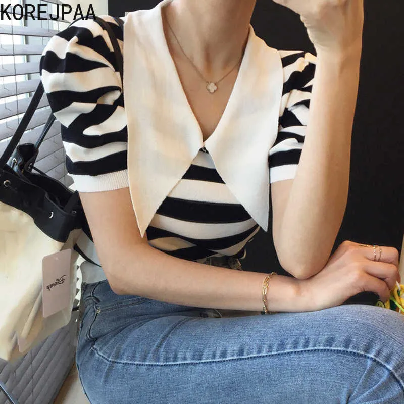 Korejpaa Women Shirt Summer Korean Chic Retro Pointed Collar Contrast Color Stitching Striped Loose Puff Sleeve Knit Tops 210526