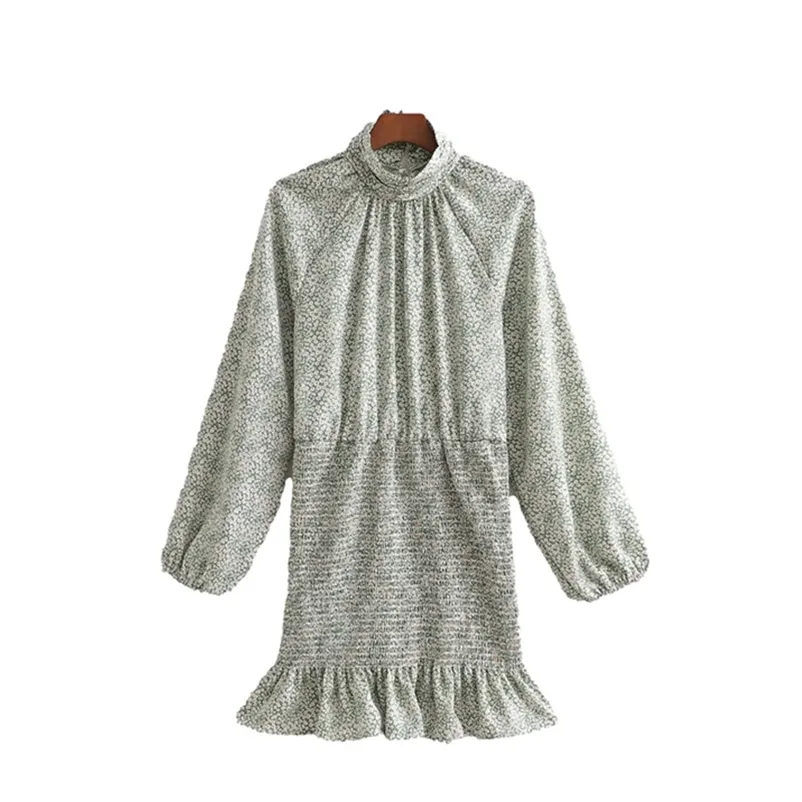 Casual Femme Français Floral Turtneck Volants Mini Robe Printemps Mode Dames Plissée es Femme Élégante Slim 210515