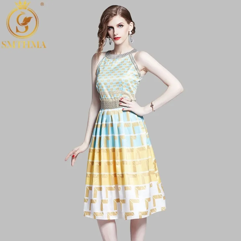 Fashion Runway Sommerkleid Damen ärmelloses Kleid mit geometrischem Druck, lässig, plissiert, Urlaub 210520