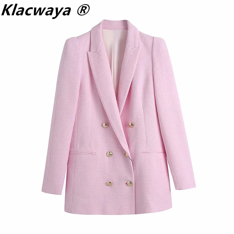 Donna Vintage Pink Texture Tweed Blazer Coat Office Ladies Abiti a maniche lunghe Capispalla femminile Chic Top 210521