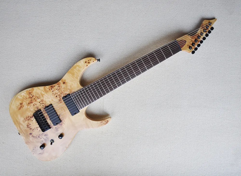 Fabrika Outlet-8 Dizeleri Boyun-Gövde Elektro Gitar Burl Maple Kaplama, Gülağacı Klavye, 24 Fret, Özelleştirilmiş Renk ve Logo Mevcut