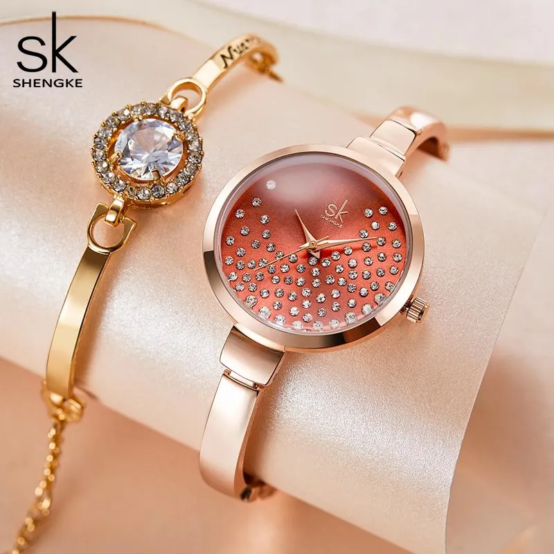 Montres-bracelets Shengke Marque Femmes Montre Rose Gold Acier inoxydable Dames Poignet pour Quartz Relogio Feminino Montre Femme 2021