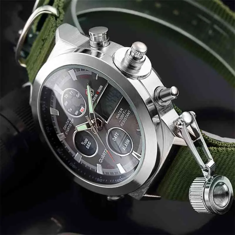 Mode Marke Männer Sport Uhren mit Nylonband Digital Analog Uhr Armee Militärische Wasserdichte Männliche LED Relogio Masculino geschenk 210407