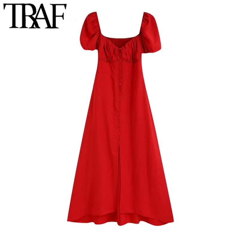 Traf frauen schicke mode mit knöpfen midi kleid vintage puff sleeves zurück smocked detail weibliche kleider vestidos mujer 210618