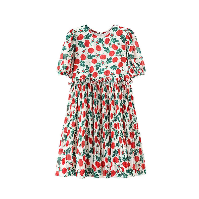 Vår sommar mode vintage rose print puff ärmar casual en linje klänningar kvinnor 210615