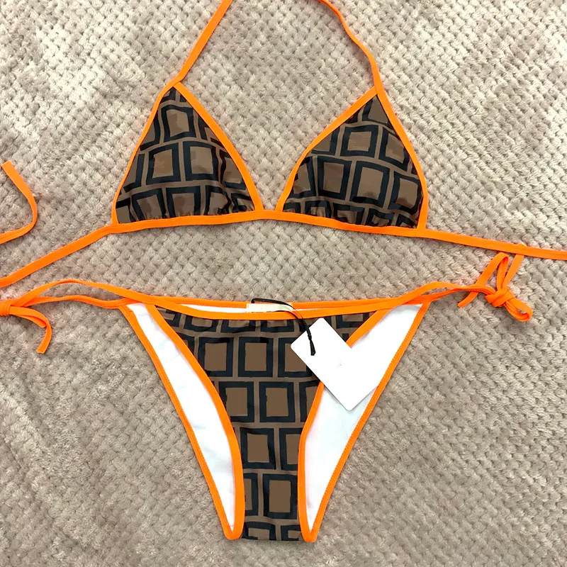 Bikinis för kvinnor fräcka hög midja thong mikro bikini designer baddräkt spets upp sommaren split baddräkt brun vit bandig modebrev tryckta kvinnor