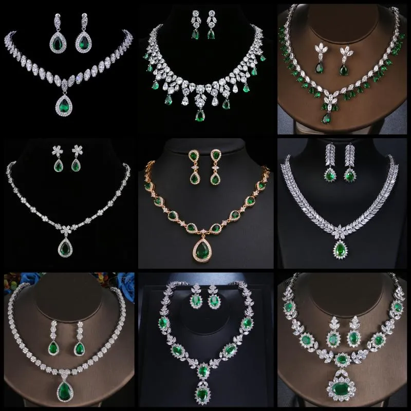 Kolczyki Naszyjnik AMC Luksusowy Cubic Cyricon Emerald Zielony Ślubny Kolczyk Zestaw Biżuteria Dla Kobiet Bridal Gift Wife